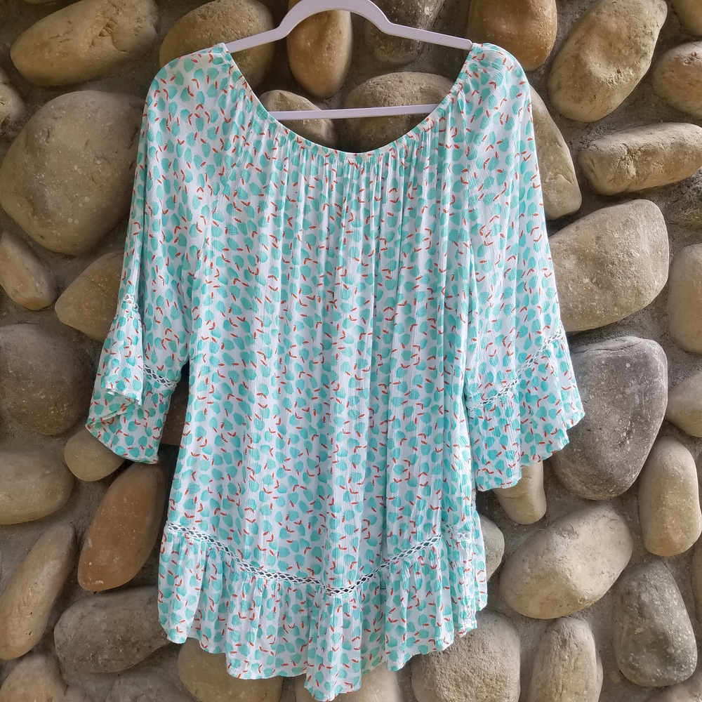 DEMOCRACY Springtime Floral Blouse APPLE  Leaf Pattern and Quarter Length Ruffle - Picture 3 of 8